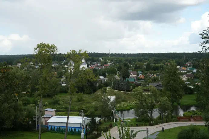 A view of a small town from a hill